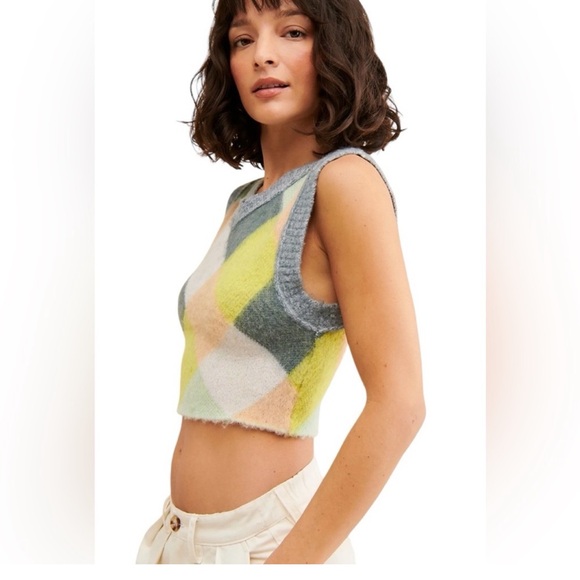 Free People Quinn Argyle V-Neck Cropped Sweater Vest Large NWT - Picture 1 of 5